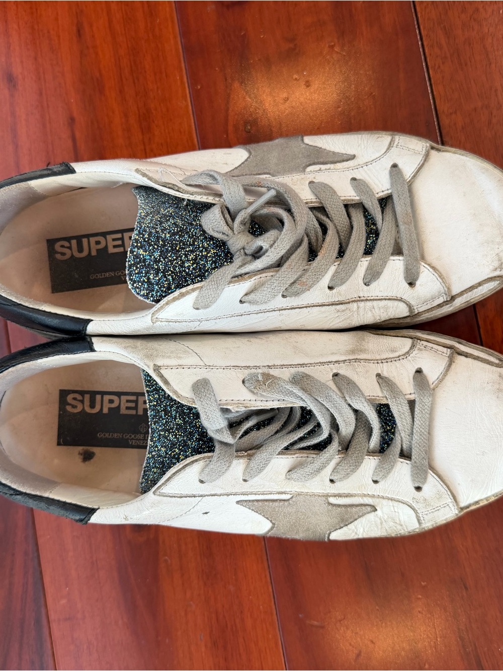 Golden Goose White Gray Glitter Tongue Super-Star Sneakers